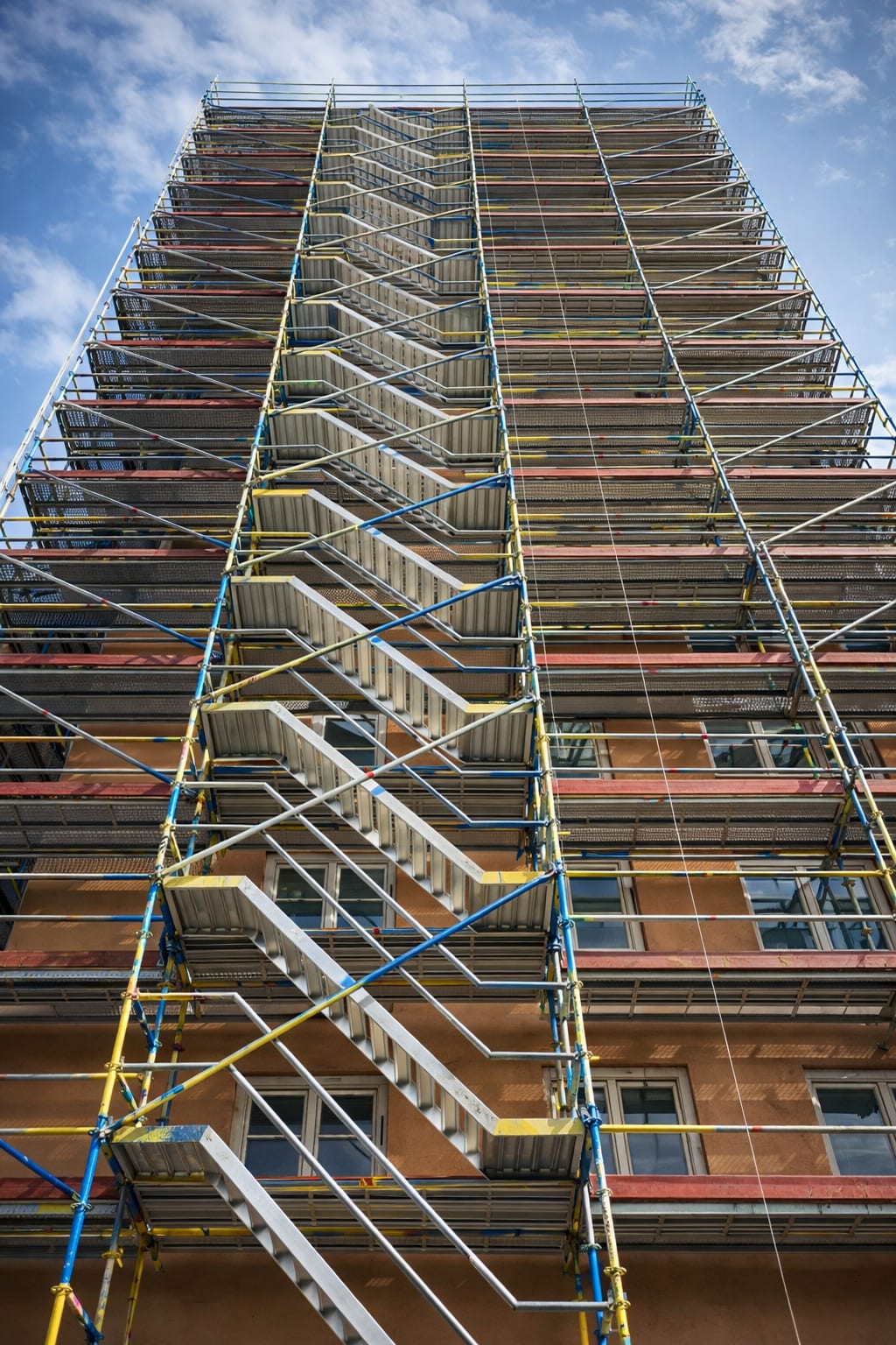 Trapptorn i aluminium monterat vid fasadställning på byggarbetsplats i Stockholm