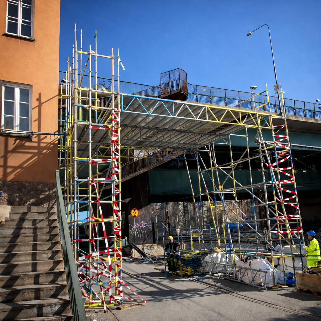 Industriställning med fallskyddsnät och materialgrindar på arbetsplats