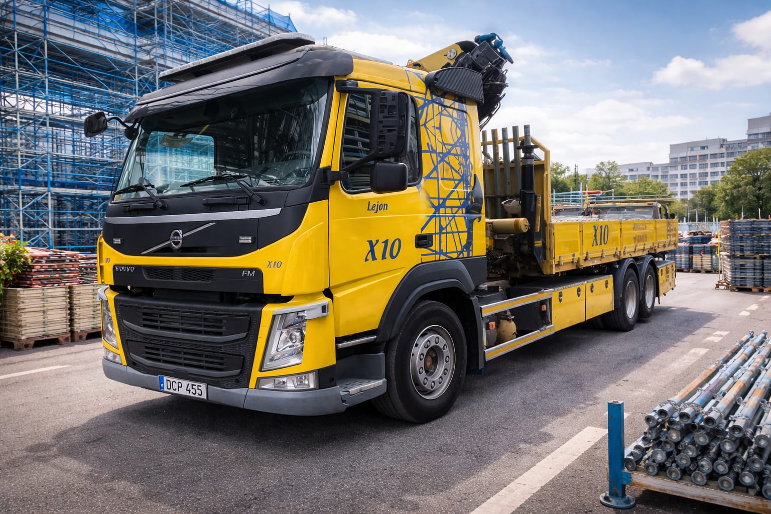 Lastbil med kran som lastar ställningsmaterial inför transport till arbetsplats